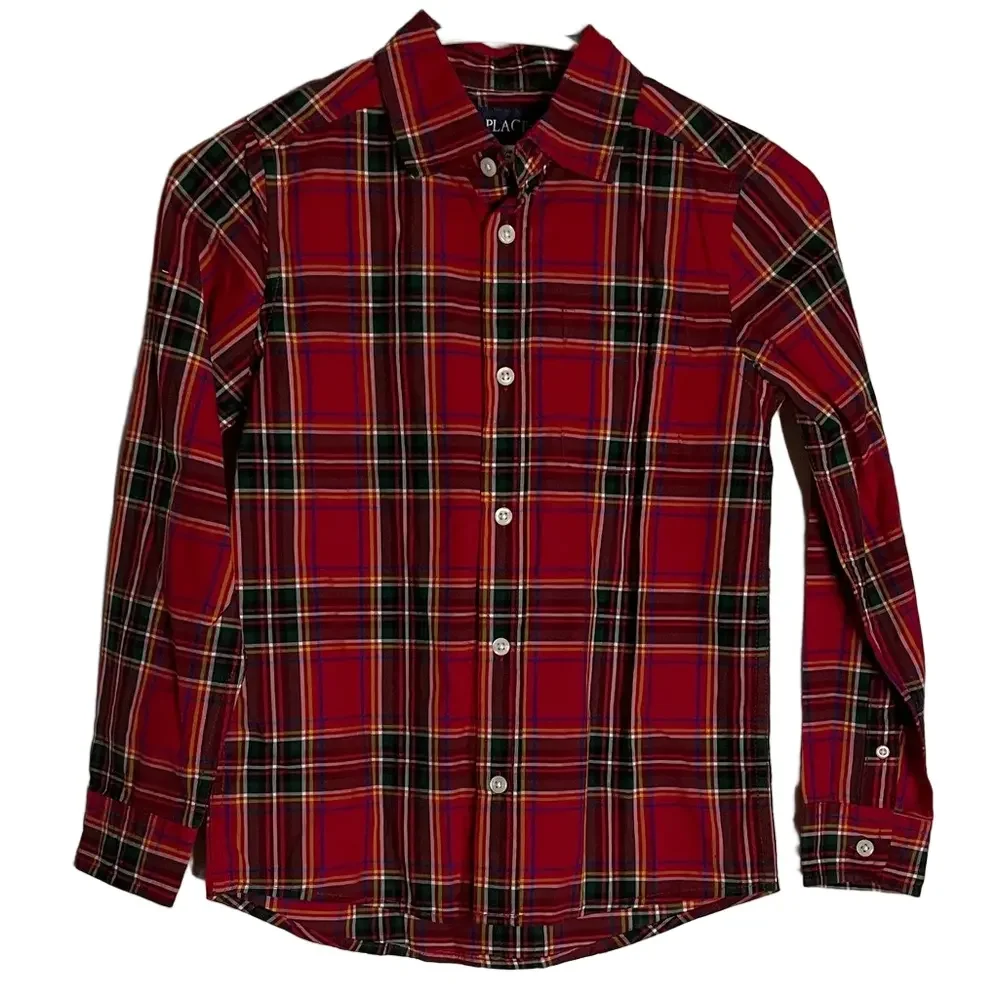 THE CHILDREN’S PLACE Plaid Button-Up Shirt, Boys Size 7/8, Red Green
